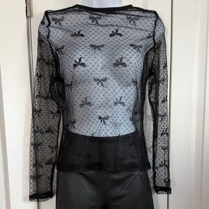 Black Sheer Long Sleeve Top with Bow Pattern